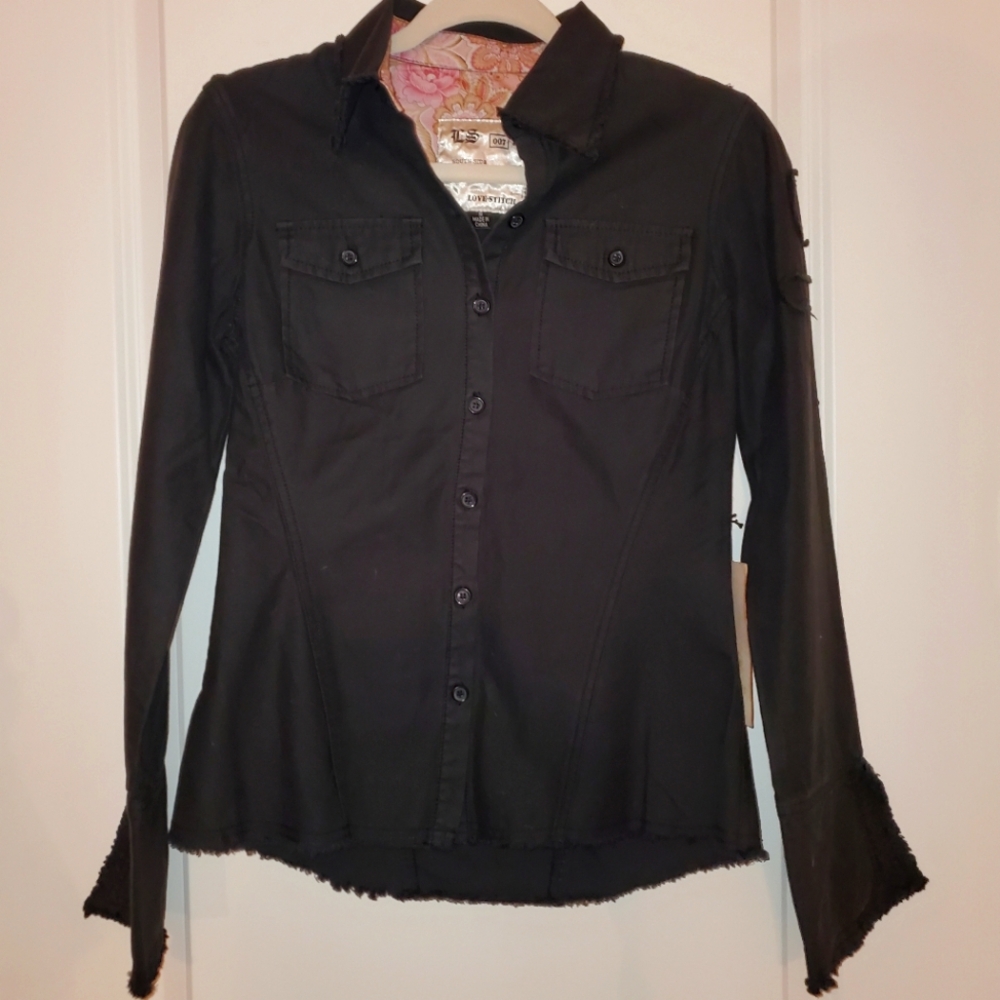 NWT Love Stitch Black Button Down Military Style Shirt